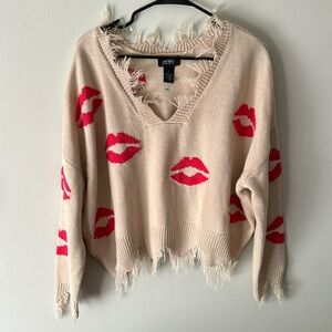 Lip pattern Distressed Hem Sweater